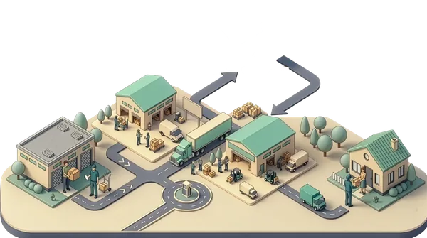 Isometric journey of a package from sender through warehouses, by air and by ground, to the recipient