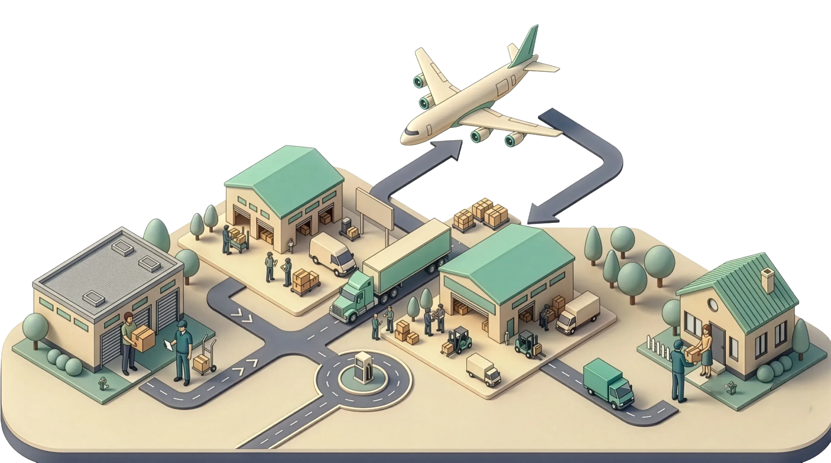 Isometric journey of a package from sender through warehouses, by air and by ground, to the recipient