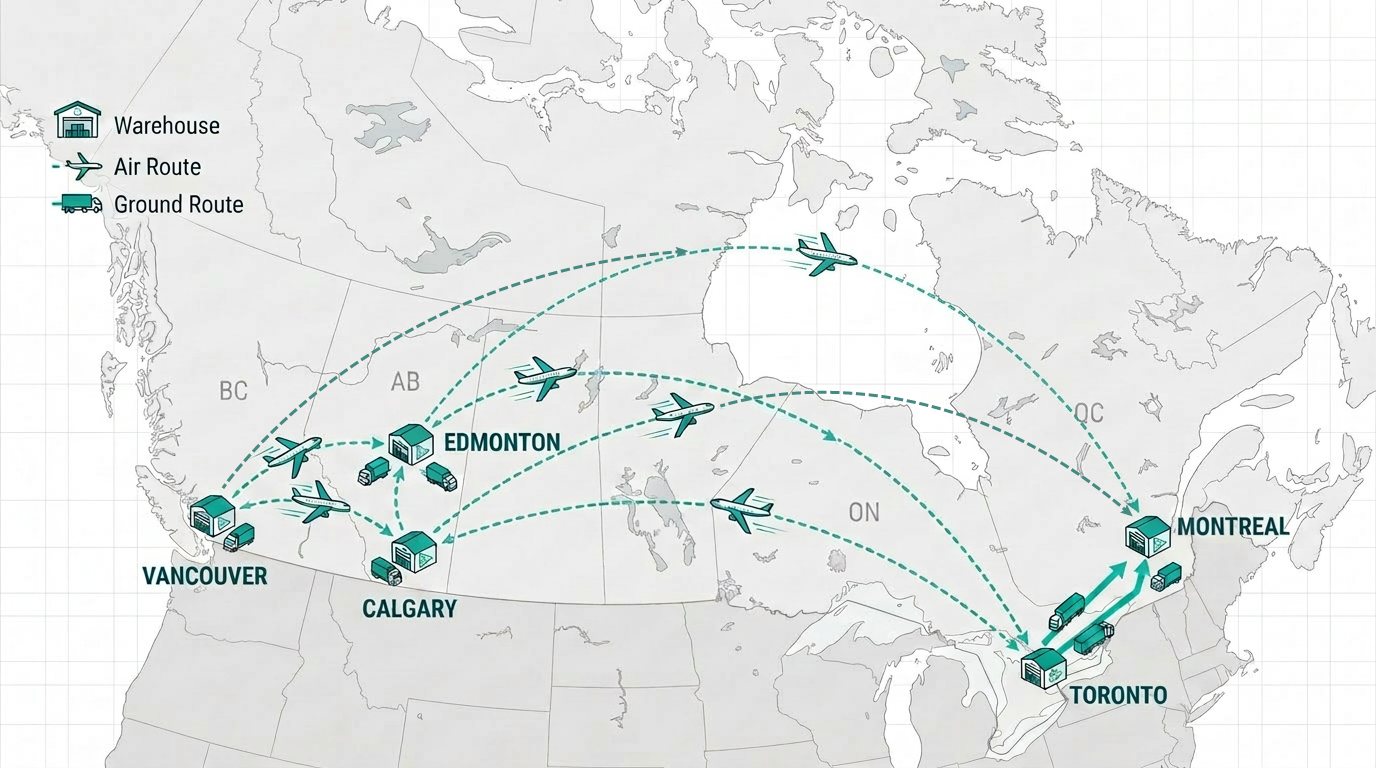 Map of Canada showing air and ground routes between Vancouver, Calgary, Edmonton, Toronto and Montreal hubs